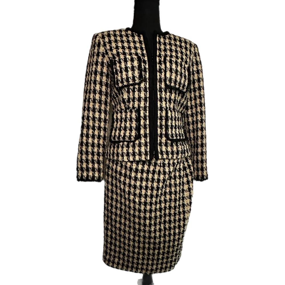 C22 Talbots Black and Brown Houndstooth Wool Blend Skirt Suit, Size 4p